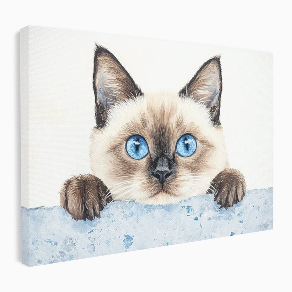 Tablou canvas cu tablou canvas cu pisica siameza si ochi albastrii, fara rama, pe sasiu de lemn